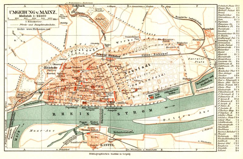 Mainz, Stadtplan von 1898 mit der Altstadt,
                      Zitadelle, Hauptbahnhof, Neustadt, Rheinallee,
                      Rheinpromenaden, Hafenanlagen, G�terbahnhof und
                      Stadtteilen auf der anderen Rheinseite.