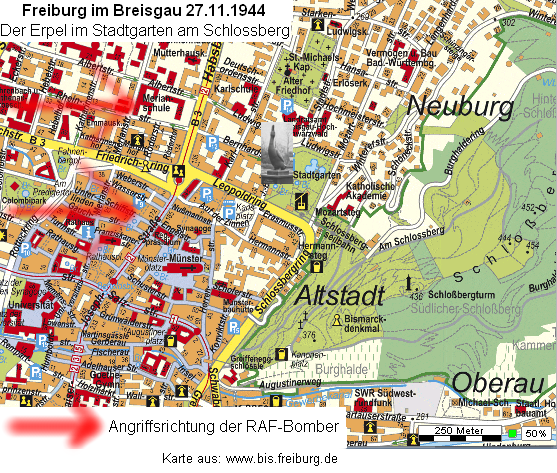 Karte von Freiburg im Breisgau mit
              dem M�nster, dem Stadtgarten, dem Erpeldenkmal und dem
              Schlossberg