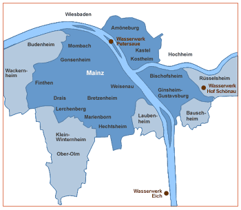 Mainz,
                        die Wasserversorgung mit den heutigen Mainzer
                        Stadtteilen Mombach, Gonsenheim, Finsthen,
                        Drais, Lerchenberg, Marienborn, Hechtsheim,
                        Bretzenheim und Weisenau, sowie mit den
                        rechsrheinischen Gemeinden Ginsheim-Gustavsburg,
                        Bischofsheim (ab 1945 selbst�ndig), Kostheim,
                        Kastel und Am�neburg (ab 1945 zu Wiesbaden),
                        Karte von 2008 ca. [16]