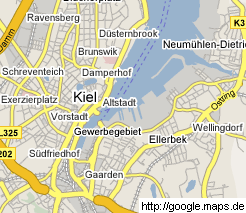 Karte von Kiel mit der
                      Altstadt, Kiel-Gaarden, dem
                      "Gewerbegebiet" (Hafen und Werften) und
                      den Bahnlinien, Kiel Brunswik, Vorstadt,
                      Ravensberg, D�sternbrook, Ellerbek und
                      Wellingdorf
