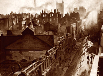 Bristol, Blick vom
                        Kino Odeon aus auf die Gegend um die Union
                        Street und die Castle Street. Die H�user der
                        engen Gesch�ftsstrassen der Innenstadt stehen
                        wie offene Schachteln da [8].