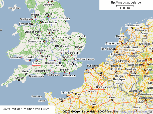 Karte mit Bristol als Endstation der
              Linie Rotterdam-London-Bristol. Von der K�ste Frankreichs
              aus sind es ca. 300 km bis Bristol.