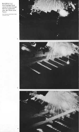 Bilder 233 a, b und c: Eine Markierungsbombe
                      f�llt �ber eine Fabrikhalle