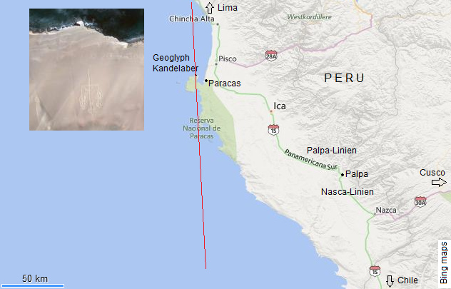 Karte mit dem
                        Kandelaber von Paracas / Pisco, der in die
                        Richtung der Ebene von Nasca zeigt