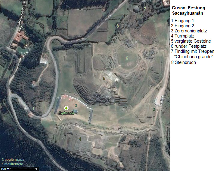Das Gel�nde der Festung Sacsayhuam�n auf
                        dem Satellitenfoto (google maps), der
                        Treppenstein ist ganz oben und heisst im
                        Volksmund "Chinchana"