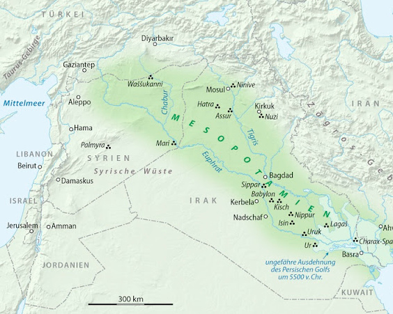 Karte des ehemaligen Iraks mit Mosul,
                        Uruk (die erste Hauptstadt der Assyrer) und
                        Ninive (die sp�tere Hauptstadt der Assyrer)