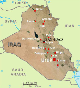 Karte des Irak mit den
                        assyrischen St�dten der Anfangszeit mit Uruk als
                        Hauptstadt