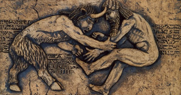Enkidu mit H�rnern und Hufen -
                rechts Gilgamesh