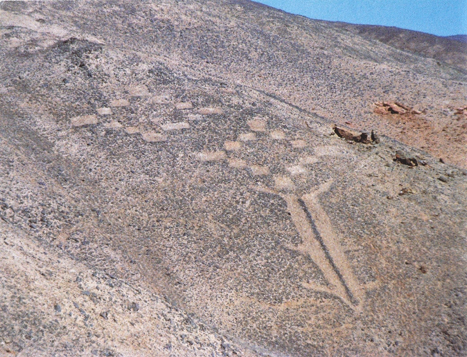 Chile, der Malberg ("cerro
              pintado") von San Pedro de Atacama, da sind
              Geoglyphen in Form von Quadraten und einem grossen Pfeil