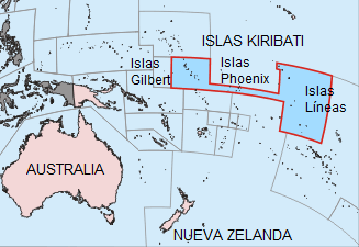 Mapa de las islas
                        Kiribati con Australia y con Nueva Zelanda