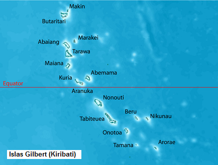 Mapa con las islas
                      Gilbert (Kiribati), son atolones [2]: las islas
                      Makin, Butaritari, Marakei, Abalang, Tarawa,
                      Maiana, Abemama, Kuria, Aranuka, Nonouti,
                      Tabiteuea, Beru, Nikunau, Onotoa, Tamana, Arorae.