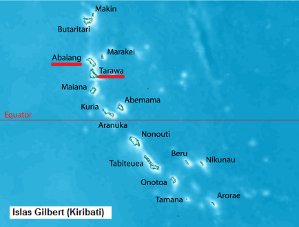 Mapa de las islas Gilbert con el
              atol�n Tarawa y el atol�n vecino Abaiang