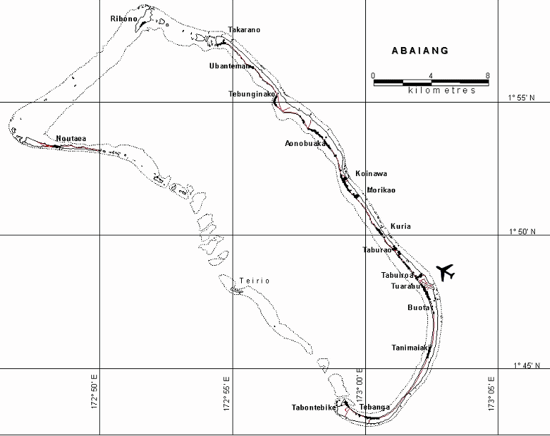 El atol�n de Abaiang
                      en Kiribati con sus muchas islas, mapa