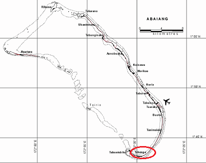 Tebanga
                      en el atol�n de Abaiang, mapa