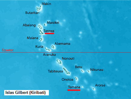 Mapa de las islas
                      Gilbert con el atol�n Tarawa y el atol�n vecino
                      Abaiang