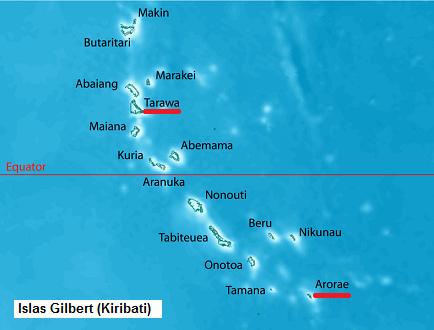 Mapa de las islas
                      Gilbert con el atol�n Tarawa y el atol�n vecino
                      Abaiang