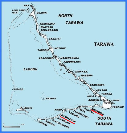 Mapa del atol�n de Tarawa con
              Bikenibeu (donde es el hotel Otintai) y Banreaba (donde
              son las pisadas de gigantes)