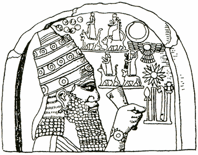 Estela de Asarhadon (Assarhadon,
                                Asarhaddon), los dioses y s�mbolos en la
                                parte superior, dibujo