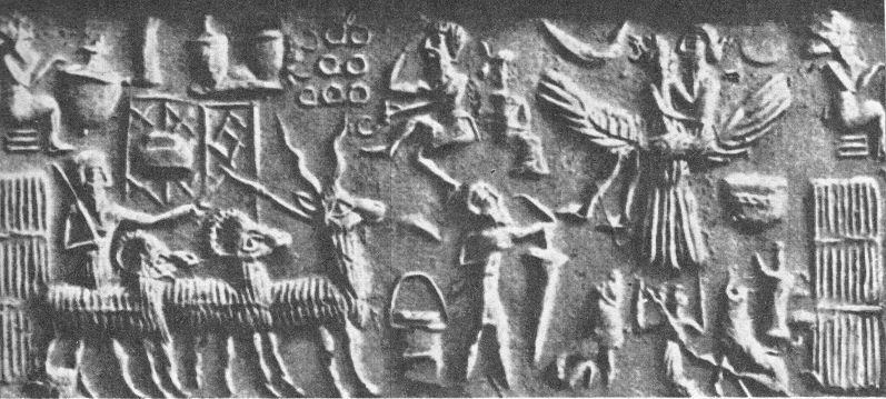 Sello de rodillo
                            de los sumerios (01) con seres humanos,
                            ganado, y una persona volante en un p�jaro