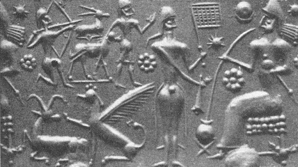 Sello de rodillo de los
                                          sumerios (03) con dioses,
                                          dioses cazadores, animales
                                          alados y s�mbolos