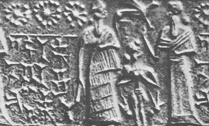 Sello de
                              rodillo de los sumerios (05) con dioses y
                              s�mbolos, y con escritura cuneiforme