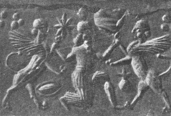 Sello de rodillo de los sumerios (17)
                              con un dios como hombre y dios dioses
                              mitad le�n mitad hombre con alas