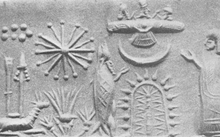 Sello de rodillo de los sumerios
                                  (20) con un dios grande, con un avi�n
                                  con figuras, con el sol y el s�mbolo
                                  de 7 puntos