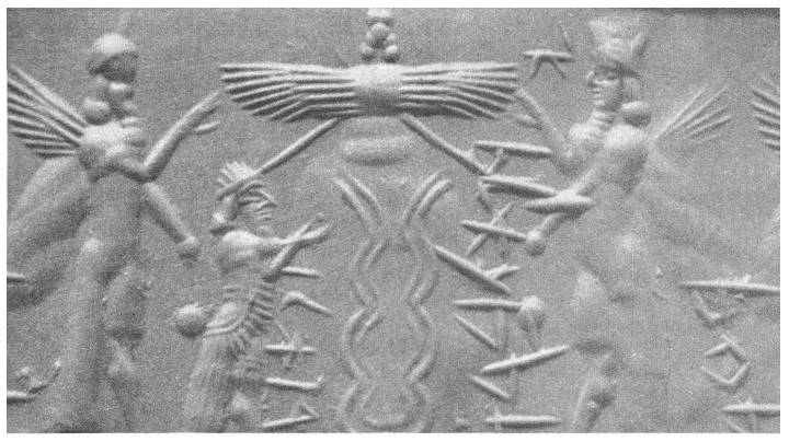 Sello de rodillo de los sumerios
                                  (21) con dioses y una h�lice
