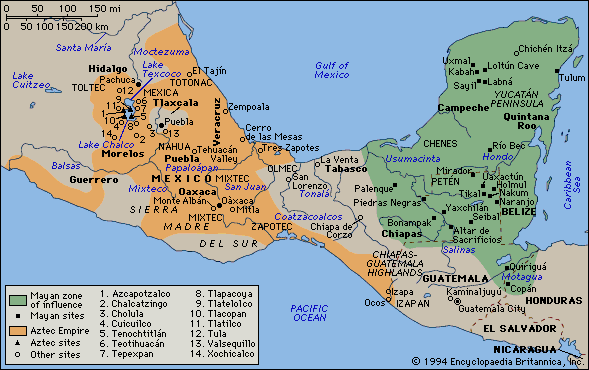 Mapa con los Mayas
                          en la pen�nsula de Yucat�n (verde) y los
                          aztecas en la meseta de M�xico (rojo)