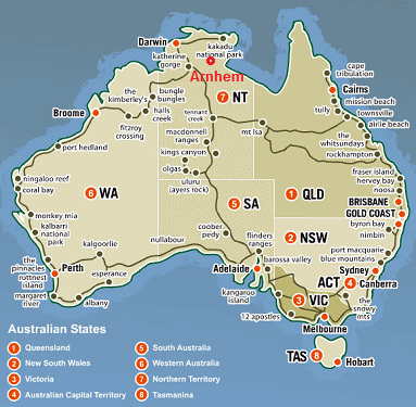 Australia con
                          Darwin y Arnhem en el norte, mapa