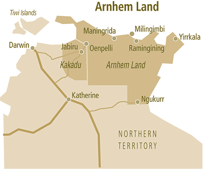 Mapa
                          con Darwin y el territorio de Arnhem
                          ("Arnhem Land")