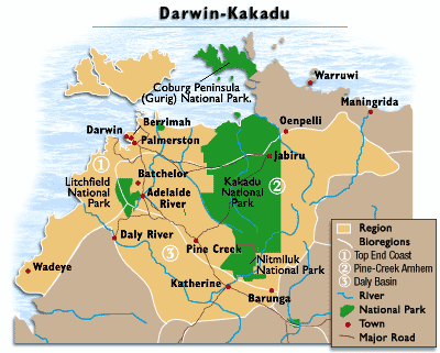 Mapa con Darwin
                            y el parque nacional Kakadu