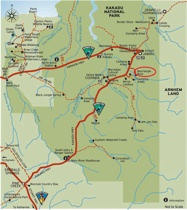 Mapa con el parque nacional
                                    Kakadu con la roca Nourlangie