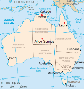 Mapa de Australia con Laura, Alice
                Springs y el parque naciona de Kakadu