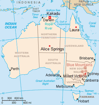 Mapa de Australia
                          con Laura, Alice Springs, parque nacional de
                          Kakadu, Mount Victoria