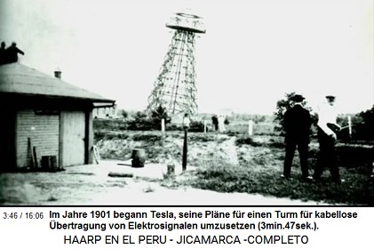 Im Jahre 1901 begann Tesla, seine Pl�ne
                          f�r einen Turm f�r kabellose �bertragung von
                          Elektrosignalen umzusetzen (3min.47sek.).