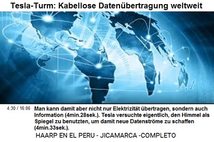 Tesla-Turm: Kabellose Daten�bertragung
                          weltweit: Man kann damit aber nicht nur
                          Elektrizit�t �bertragen, sondern auch
                          Information (4min.28sek.). Tesla versuchte
                          eigentlich, den Himmel als Spiegel zu
                          benutzten, um damit neue Datenstr�me zu
                          schaffen (4min.33sek.).