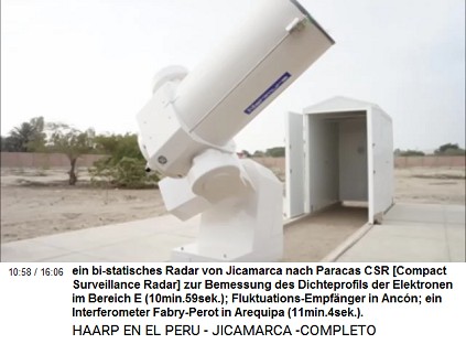 ein bi-statisches Radar von Jicamarca
                          nach Par�cas CSR [Compact Surveillance Radar]
                          zur Bemessung des Dichteprofils der Elektronen
                          im Bereich E (10min.59sek.);
                          Fluktuations-Empf�nger in Anc�n; ein
                          Interferometer Fabry-Perot in Arequipa
                          (11min.4sek.).
