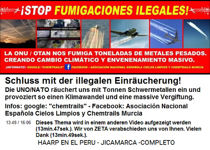Schluss mit der illegalen Einr�ucherung!
                          Die UNO/NATO r�uchert uns mit Tonnen
                          Schwermetallen ein und provoziert so einen
                          Klimawandel und eine massive Vergiftung.
                          Infos: google: "chemtrails" -
                          Facebook: Asociaci�n Nacional Espa�ola Cielos
                          Limpios y Chemtrails Murcia. [Foto:
                          Chemtrail-Flugzeuge, die die Atmosph�re
                          vergiften].