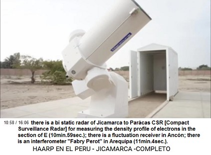 there is a bi static radar of Jicamarca
                          to Par�cas CSR [Compact Surveillance Radar]
                          for measuring the density profile of electrons
                          in the section of E (10min.59sec.); there is a
                          fluctuation receiver in Anc�n; there is an
                          interferometer "Fabry Perot" in
                          Arequipa (11min.4sec.).