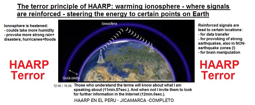 The terror principle of HAARP:
warming ionosphere - where signals are
reinforced - steering the energy to certain
points on Earth The terror principle of HAARP: warming
ionosphere - where signals are reinforced -
steering the energy to certain points on
Earth