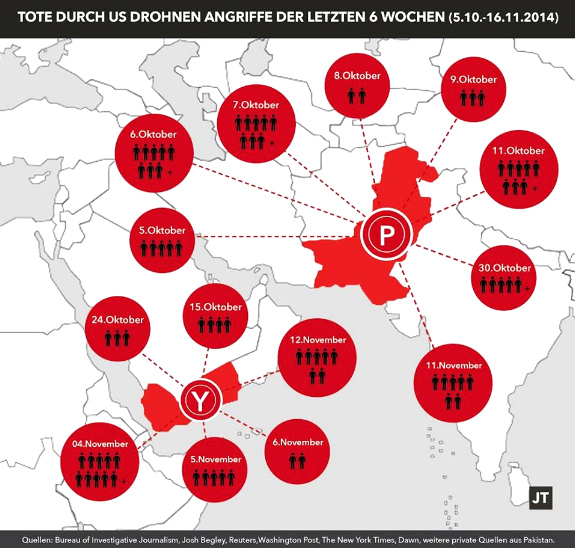 Karte 06: Drohnentote in Pakistan
                              und Jemen zwischen 5. Oktober und 16.
                              November 2014
