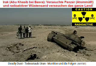 Auf dem
                                Schlachtfeld von Abu Khasib vor Basra
                                herrscht eine bis 30.000fach erhöhte
                                Strahlung - der Sand wird nicht entsorgt
                                (!!!)