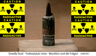 Eine Überrest einer NATO-Atomrakete aus dem Irak,
                die verniedlichend "Uranmunition" genannt wird
                - ist Atommüll (!!!) mit dem Warnschild
                "radioaktiv" mit Totenkopf und Knochen