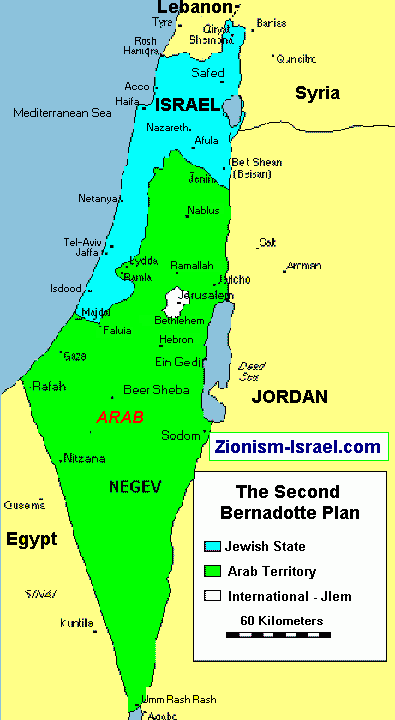 Die Karte von Bernadotte zur
                Gr�ndung eines Staates Israel mit einem vergr�sserten
                Jordanien ohne Pal�stinenserstaat-1948