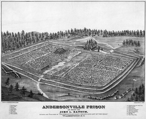 Andersonville,
                            Luftaufnahme vom Wiesenlager-Gef�ngnis
                            1864-1865 mit dreifachem Zaun