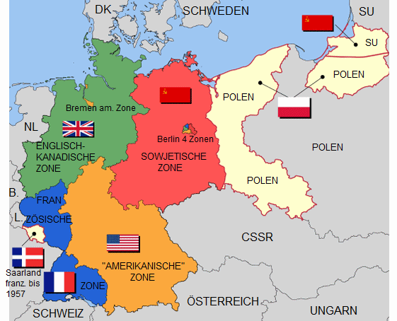 Mapa de
                    las zonas de Alemania residual de 1947 con Polonia
                    trasladada por 300 km al oeste con la frontera de
                    los r�os Oder y Neisse