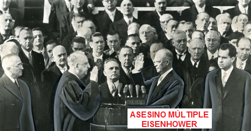 El asesino m�ltiple Eisenhower
                durante el juramento presidencial el 20 de enero 1953,
                al lado derecho su vicepresidente y show man Nixon de
                California
