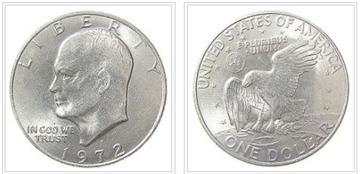 Monedas memoriales de
                Eisenhower con perfil y con �guila representando el
                "alunizaje" inventado de 1969