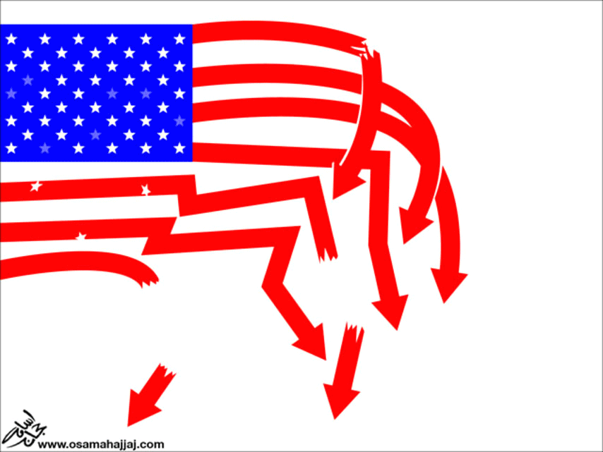 Karikatur der                  "US"-Flagge mit Pfeilen abw�rts